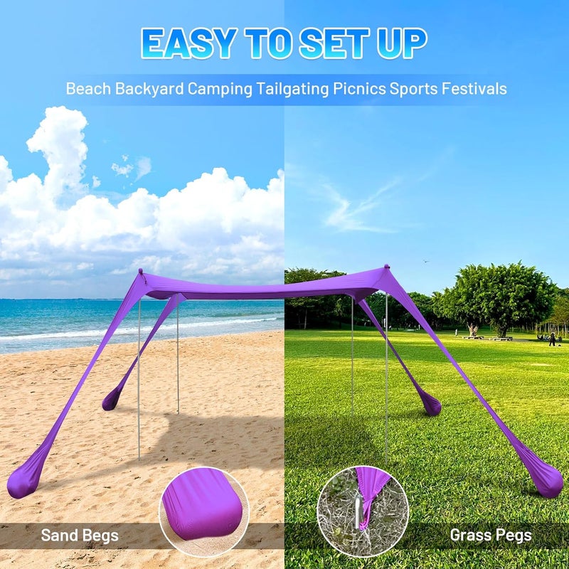 BOTINDO Family Beach Tent Canopy Sun Shade, Pop Up Grande Beach Tent Sun Shelter Stability 4 Poles with Portable Carry Bag Outdoor Shade for Fishing Backyard Camping (Purple, 10x10FT 4Pole) - Image 3